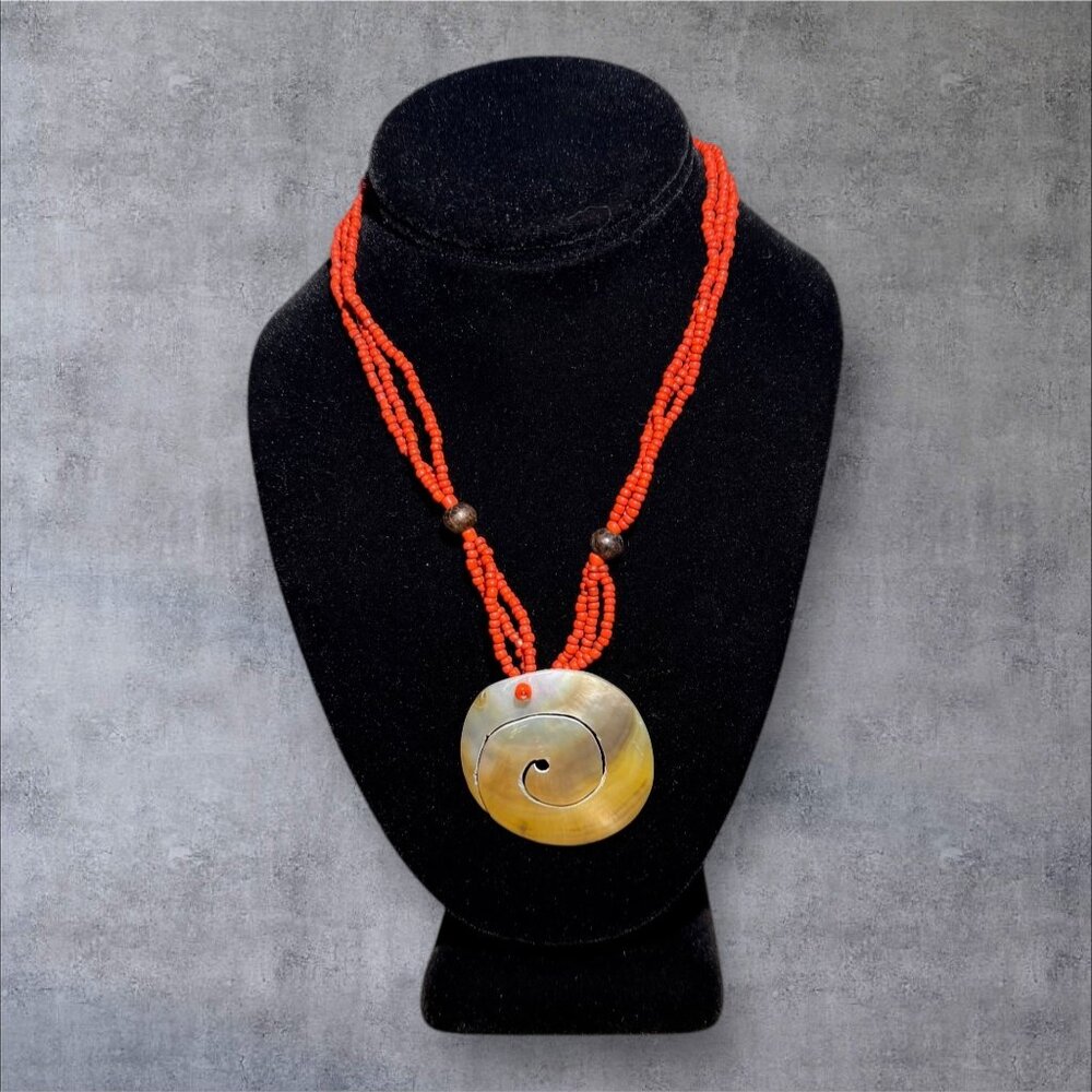 Vintage Red Beaded Necklace With Spiral Shell Pendant & Button Closure